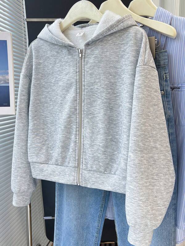 SHEIN Teen Girls' Winter Thicken Hoodie Gray Floral Print Full-Zip Hooded Jacket