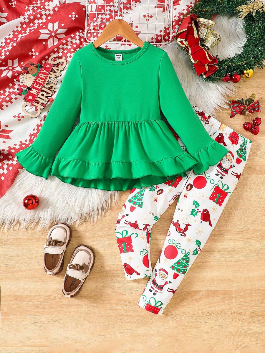 2 件套女童圣诞套装，带荷叶边喇叭袖上衣和雪人印花裤套装 - 綠色 - 查看 1