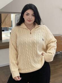 Dazy Plus 加大码宽松针织套头衫，拉链领，刺绣装饰，适合冬季、秋季女装 - 杏色 - 查看 8