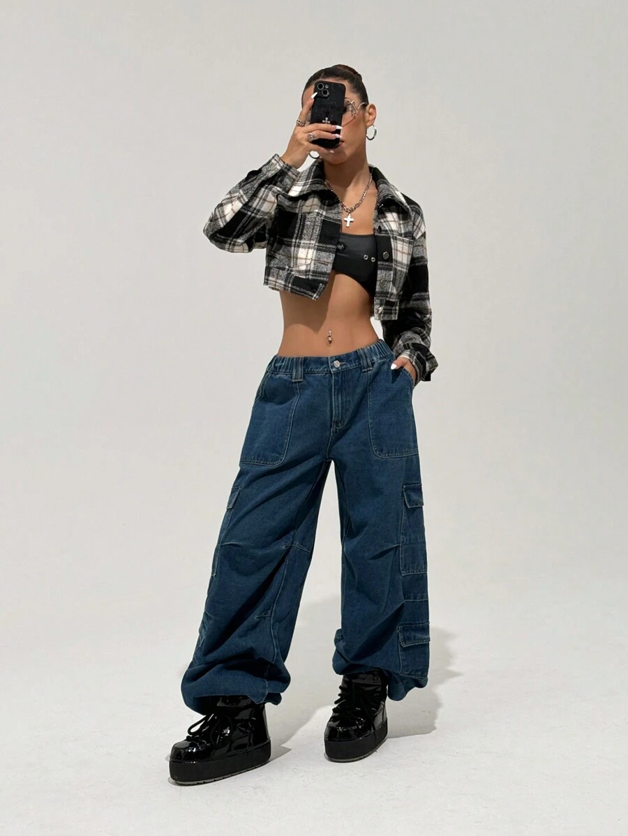 SHEIN Unity Damen Lässig Tägliche Karierte Vordere Knopf Kurze Jacke, Herbst - Verschiedenfarbig - Übersicht 1