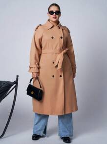 SHEIN EZwear 秋冬季大码棕色休闲风衣 - 棕色 - 查看 8