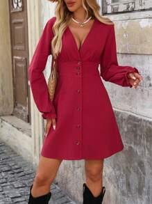 SHEIN VCAY Vestido de línea A de mujer con botones frontales y cintura ceñida, de estilo minimalista y casual, para otoño
