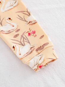 Cozy Pixies 2pcs Baby Girl Snug Fit Pajama Set, Cartoon Swan Pattern Knitted Soft Round Neck Long Sleeve Top And Pants - Apricot - View 7