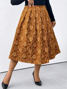 SHEIN Clasi Plus Size Pleated Floral Pattern Detail Minimalist Casual Skirt - Brown - View 1