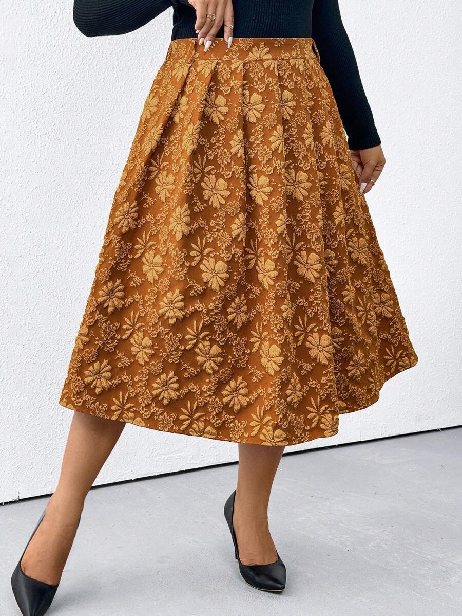 SHEIN Clasi Plus Size Pleated Floral Pattern Detail Minimalist Casual Skirt - Brown - View 1