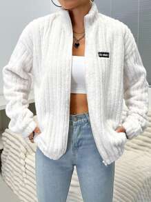Flirla Letter Patched Drop Shoulder Teddy Jacket Fall Winter Cloth For Women - White - View 3