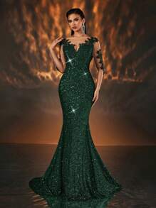 Glamrae Elegante vestido de noche de cola de sirena con cintura alta, manga larga, cuello en V y aplicaciones de malla en contraste con lentejuelas, para invitados de boda, graduación, cena, fiesta, Día de San Valentín - Verde Oscuro - Ver 5
