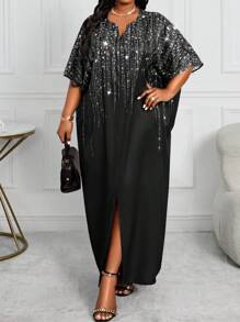 SHEIN Lady Váy Kaftan tay dài dệt kim màu đen thanh lịch cho mùa xuân và mùa thu và mùa đông cỡ lớn - màu đen - Xem 3