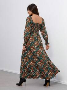 SHEIN Tall Women's Floral Square Neck Bubble Long-Sleeved Waist A-Hem Dress