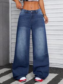 SHEIN ICON 1pc Women's Wide Leg Loose Casual Denim Jeans With Pockets