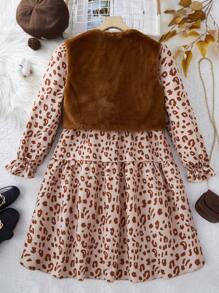 2pcs/Set Tween Girls Plain Front Button Sleeveless Vest & Crew Neck Long Sleeve Dress Set