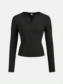 SHEIN 2Pcs Teen Girl V Neck Design Basic Ribbed Long Sleeve T-Shirt