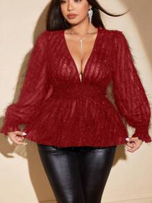 SHEIN Unity Blus Seksi Ukuran Besar dengan Detail Kerutan di Pinggang dan Rumbai, Atasan Peplum untuk Pakaian Musim Gugur dan Tahun Baru - Merah - View 5