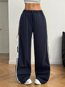 SHEIN EZwear Quần ống rộng cạp cao có đường may chi tiết mùa thu dành cho nữ - Màu xanh hải quân - Xem 4