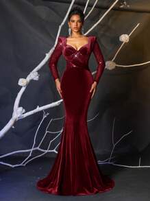 Glamrae 优雅夸张垫肩亮片拼接长袖美人鱼下摆拖尾超长晚礼服，婚礼宾客礼服，派对礼服，正式礼服 - 酒紅色 - 查看 6