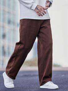 Manfinity Hypemode Plus Size Men Wide Leg Solid Color Pocket Casual Loose Denim Pants, Plain Long Straight Leg Dark Jeans Washed Cargo Jeans, For Husband, Boyfriend Gifts - Coffee Brown - View 6