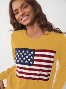 Flirla Women's Casual Crew Neck American Flag Print Long Sleeve Pullover Sweater Knit Pullover Fall Winter - Yellow - View 7