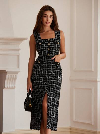 Aveloria Rosie French Tweed Mix Color Pocket Metal Button Square Neck Sleeveless Dress Holiday Party Birthday Formal Occassion Dress 