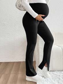 SHEIN Maternity Casual Solid Color High Waist Slim Fit Flare Leg Pants - Black - View 5