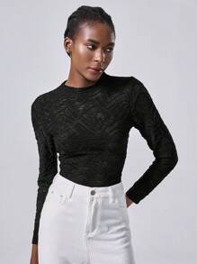 Chiquease 1 件女式纹理褶皱长袖 T 恤，黑色，针织纹理褶皱，常规版型，休闲通勤装 - 黑色 - 查看 4