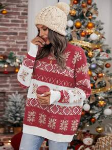 SHEIN LUNE 女士休闲日常圣诞雪花图案落肩毛衣，秋冬针织套头衫 - 彩色 - 查看 3