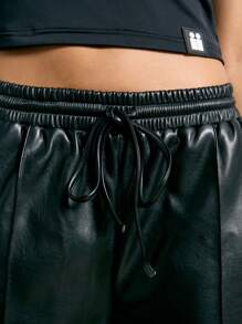 AiiRZ 对比色蕾丝仿皮阔腿套脚裤 - 黑色 - 查看 6