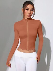 女士休闲纯色拉链短款修身运动夹克 - 棕色 - 查看 5