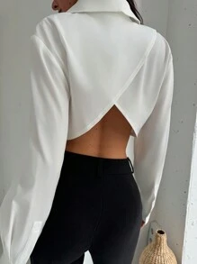 Aloruh Minimalist Commuting Office Turndown Collar Front Open Long Sleeve Contrast Stripe Back Panel Women Blouse