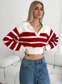 SHEIN Essnce 女士休闲宽松条纹高领蝙蝠袖长袖毛衣，休闲毛衣温暖易搭配，适合日常街头、通勤、居家圣诞毛衣秋冬 - 紅白色 - 查看 1