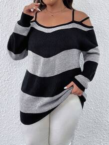 SHEIN LUNE Áo len chui đầu in sọc rỗng màu tương phản cỡ lớn thường ngày - Nhiều màu - Xem 5