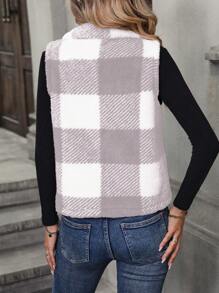 SHEIN LUNE Áo khoác nỉ kẻ caro Colorblock giản dị, Thu/Đông - Màu Xám nhạt - Xem 2