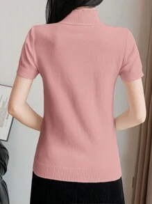 EMERY ROSE Women Solid Color Turtleneck Fitted Pullover Short Sleeve Knit Top, Autumn & Winter - Baby Pink - View 2