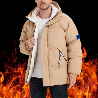 Men's Patch Thermal Lined Hooded Winter Padded Padded Coat, Going Out Quilted Coat, For Friends, Husband, Boyfriend Gifts