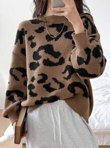 DAZY Women Oversized Crew Neck Leopard Print Sweater - Multicolor - View 1