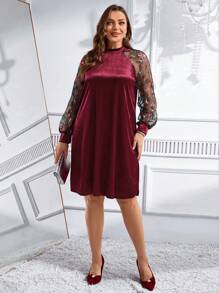 EMERY ROSE Vestido elegante de manga larga con cuello redondo, contraste de malla y bordado floral para mujer de talla grande - Burdeos - View 4