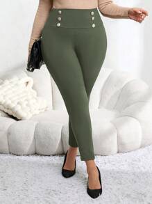 EMERY ROSE Pantaloni skinny elasticizzati doppiopetto taglie forti, leggings morbidi e soffici - Verde militare - Visualizzare 3