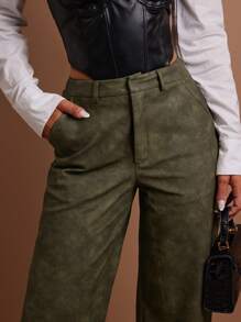 COSMINA Women's Army Green PU Leather Straight-Leg Pants For Autumn/Winter