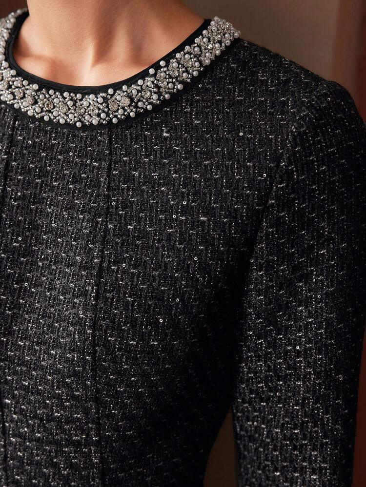 TWEED FAUX PEARL AND BEADED TRIM FLARE HEM SHORT DRESS