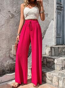 Breezaya Paperbag Waist Wide Leg Trousers - Hot Pink - View 3