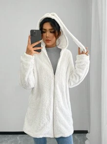 SHEIN LUNE Jaqueta com Capuz Feminina com Decoração de Orelha de Coelho, Design de Bolsos com Zíper de Manga Longa, Costura Lateral, Tecido de Fleece Quente para Uso Casual Diário, Outono/Inverno