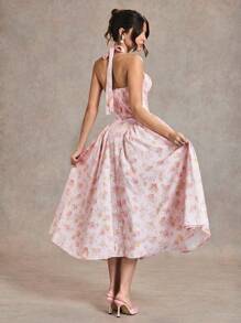 SHEIN BAE 纯粉色和碎花荷叶边领口系带蕾丝泡泡袖长裙，适合鸡尾酒会、浪漫约会、针织连衣裙下分层、派对、新娘送礼会、万圣节、圣诞节 - 淺粉色 - 查看 2