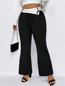 SHEIN LUNE Plus Size Women Colorblock Asymmetrical Waistline Pants Fall Cloth For Women - Black - View 5