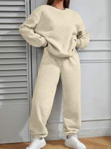SHEIN Unity Bộ 2 áo nỉ cổ tròn màu trơn và quần nỉ cho nữ, Thu/Đông - Màu be - Xem 3
