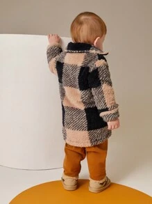 SHEIN 2pcs Baby Boy Casual Plaid Fleece Jacket And Pants Outfit, Winter - Khaki - View 3