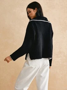 Poéselle Women's Color Block Ribbed Long Sleeve Sweater, Casual For Daily Wear - Black - View 5