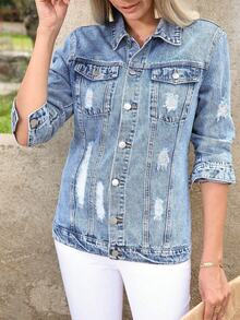 Ripped Flap Pocket Long Sleeve Denim Jacket - Light Wash - View 6