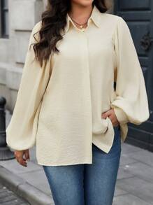 SHEIN Unity Plus Size Women Basic Casual Commute Home Shirt-Style Tunic, Concealed Placket & Batwing Long Sleeve Fall Cloth For Women - Apricot - View 4