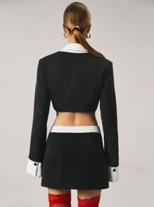 SHEIN Unity Bộ đồ vest blazer ngắn màu tương phản và váy ngắn cho nữ, trang phục đi làm văn phòng, màu đen - Đen và trắng - Xem 2
