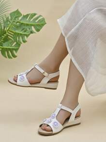 1 paar meisjes imitatie parel bloem wig hoge hak sandalen, geschikt voor de zomer