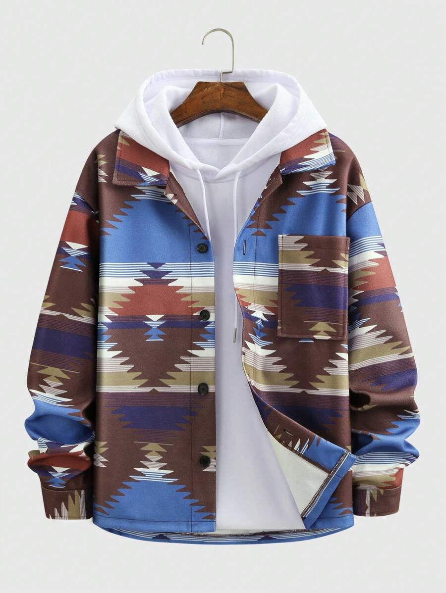 Manfinity Homme Herren locker sitzender karierter Übergangsmantel mit Taschen und Patches ohne T-Shirt, bunter lässiger Mantel für Ausgang, als Geschenk für Freunde, Ehemann, Freund